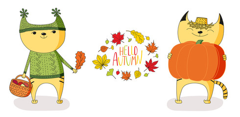 Hand drawn vector illustration of cute cats, holding big pumpkin and basket with mushrooms, with wreath of leaves and text Hello Autumn.