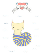 Hand drawn vector illustration of a cute little under water cat in a shell, swimming in the sea, heart and text Mermaid on a ribbon.