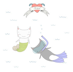 Hand drawn vector illustration of two cute little cats under water, with fish tail and in swim fins and scuba mask, heart and text Sea.