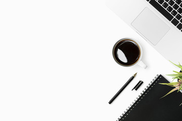 White office desk table with a lot of things on it. Top view with copy space, flat lay.