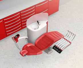 Dental office interior with metallic red unit equipment and cabinet. 3D rendering image.