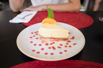 passion fruit cake in white dish