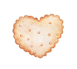Watercolor painting of Cookies in Heart shape isolated on white background, food menu item Illustration, food drawing in vintage style