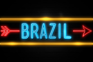 Brazil   - fluorescent Neon Sign on brickwall Front view