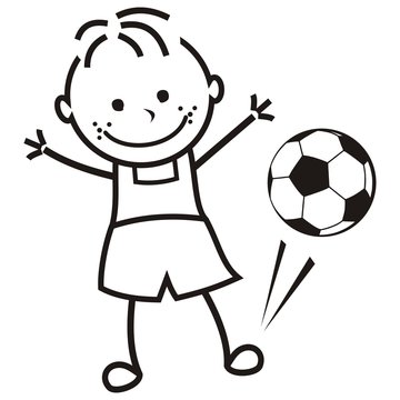 Boy and soccer ball, vector illustration, coloring page