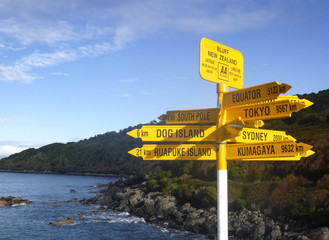 Signpost in the Stirling Point, Bluff, New Zealand. Most southern mainland point of New Zealand - obrazy, fototapety, plakaty