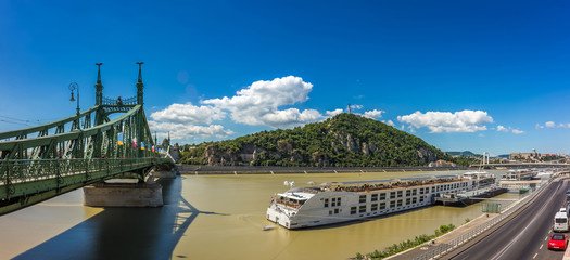 Budapest, Hungary - Panoramic view of Liberty Bridge, Gellert Hill with Statue of Liberty, the Citadel, Royal Palace Buda Castle and other famous landmarks of Budapest on a bright summer day © zgphotography