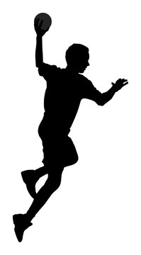 Handball player in action, attack shut in jumping vector silhouette illustration. Elegant body sport figure, black shadow. Dynamic athlete jump and shooting penalty in goal.