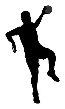 Handball player in action, attack shut in jumping vector silhouette illustration. Elegant body sport figure, black shadow. Dynamic athlete jump and shooting penalty in goal.