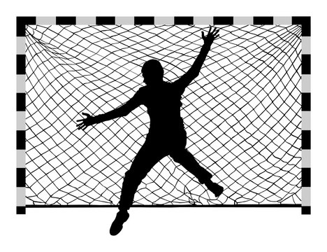 Handball (soccer) goalkeeper silhouette vector. Goalkeeper silhouette, black icon and net isolated on white background.