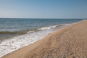 Azure Sea landscape on sunny day, seashore, vawes, nobody
