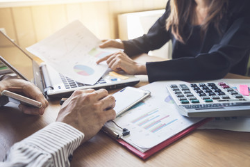 Coworkers team meeting to discuss and analysis the information together