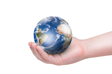 Planet Earth in baby's hand isolated on white background. Elements of this image furnished by NASA