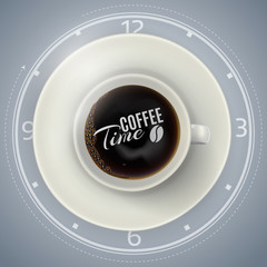 White coffee cup on the plate, top view, realistic vector.