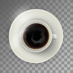 White coffee cup on the plate, top view, realistic vector