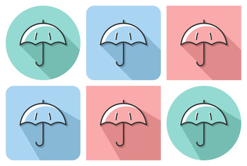 Outlined icon of umbrella with parallel and not parallel long shadows