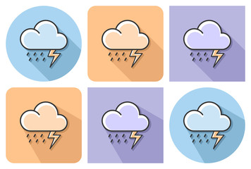 Outlined icon of thunderstorm with parallel and not parallel  long shadows
