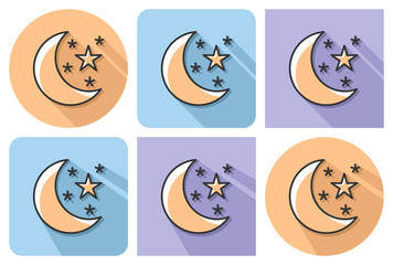Outlined icon of   crescent with stars (clear night weather) with parallel and not parallel long shadows