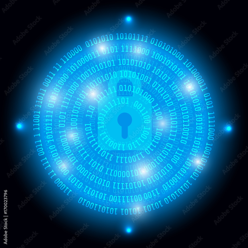 Aufkleber Blue Abstract Security Concept With Padlock Key And Circle Binary Digital Number Vector Background