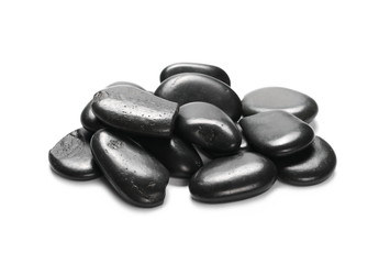Pile black rocks isolated on white background and texture