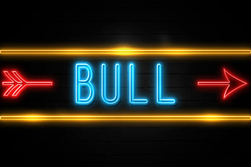 Bull  - fluorescent Neon Sign on brickwall Front view