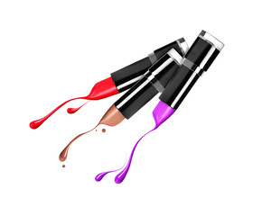 Melting lipsticks with falling drops down close-up on white background