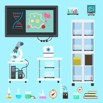 Flat chemistry lab equipment set design, vector illustration