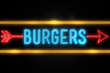 Burgers  - fluorescent Neon Sign on brickwall Front view