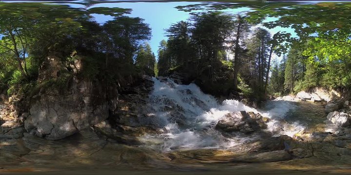 360 VR landscapes – virtual reality nature video clean river with cascades in mountain forest on sunny summer day
