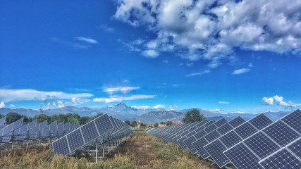 campo di pannelli fotovoltaici con il Monviso sullo sfondo © clamon