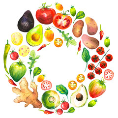 Watercolor illustration with round composition of farm vegetables. Set of different vegetables: tomato, potato, avocado, ginger, pepper, turnips, arugula, spinach. Fresh organic food.