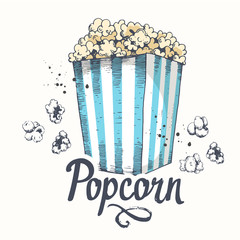 Vector illustration with sketch popcorn bucket. Cinema snack. Hand drawn fast food. Movie Time poster.