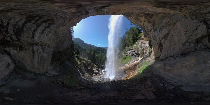 360 VR landscapes – virtual reality video clean waterfall in mountains on sunny summer day with clear blue sky 4K
