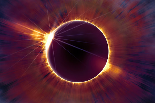 Full solar eclipse, astronomical phenomenon - full sun eclipse. The Moon covering the Sun in a partial eclipse. 3D illustration.