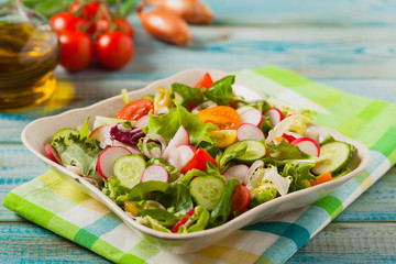 Fresh salad with radish, cucumber, colorful cherry tomatoes. Best for bbq.