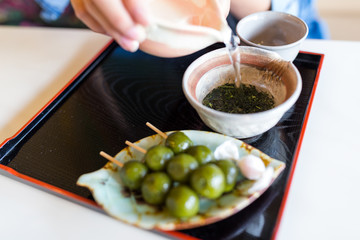 Green tea mochi in Japanese restaurant