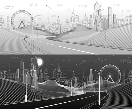 Highway in mountains. Infrastructure illustration. Modern city at background, tower and skyscrapers, business buildings, ferris wheel. Night scene. White lines. Vector design art