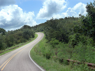 Curving roads in Oklahoma, southeastern region in the Ouachita Mountains, scenic vistas along the byway that follows the ridge of mountains from west to east.