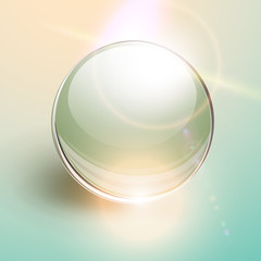 Background with 3D glass sphere, ball transparent with lens flares