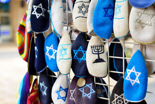 Kippahs Yarmulkes Jewish Hats Covers Israeli Star of David Souvenirs Safed Tsefat Israel. Kippahs. Jewish headgear worn by men during a Jewish. Required by Judaisim.