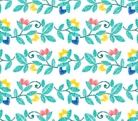 Vector seamless decorative floral embroidery pattern, ornament for textile decor. Ethnic handmade style border background design.