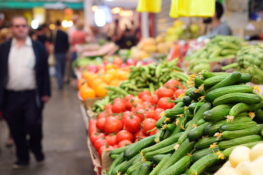 JERUSALEM, ISRAEL - APRIL 2017:  Vegetable market. The concept of a farm fair in Israely Market Mahane Yehuda, Jerusalem
