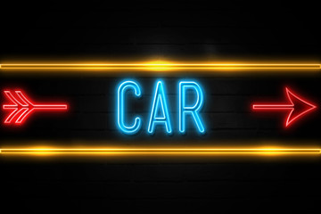 Car  - fluorescent Neon Sign on brickwall Front view