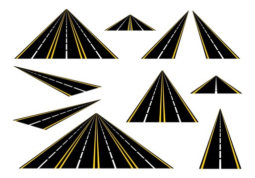 Set straight roads and highways with yellow lines on the roadside and a broken white center line on a white background. Black road with one, two, three and four lanes