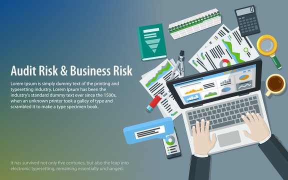 Auditing and business concepts. Research, accounting, analytics, data, project management, planning. Top view of the workplace. Hands of a man on a laptop keyboard. Tax process. Vector illustration