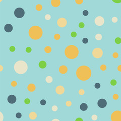 Colorful polka dots seamless pattern on bright 13 background. Awesome classic colorful polka dots textile pattern. Seamless scattered confetti fall chaotic decor. Abstract vector illustration.