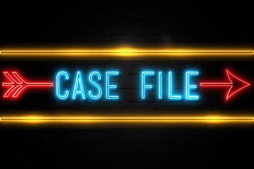 Obraz premium Case File - fluorescent Neon Sign on brickwall Front view