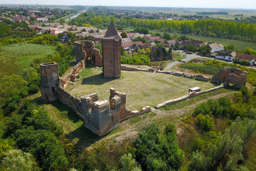 Fototapeta na wymiar Air view of town and ruins of Bac fortress in Serbia