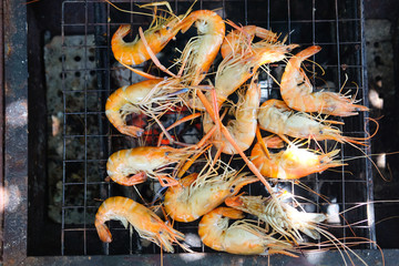 Fresh shrimps grilled on grill
