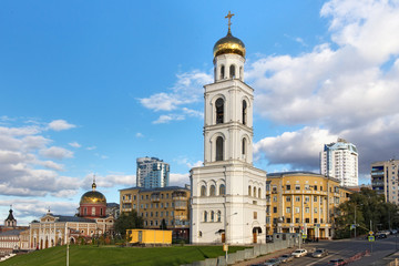 Fototapeta premium Belfry (replica of the bell tower XIX century) of the Church of St. Nicholas the Wonderworker of the Iversky Monastery in Samara (former Kuybyshev) . The city is the sixth largest city in Russia.